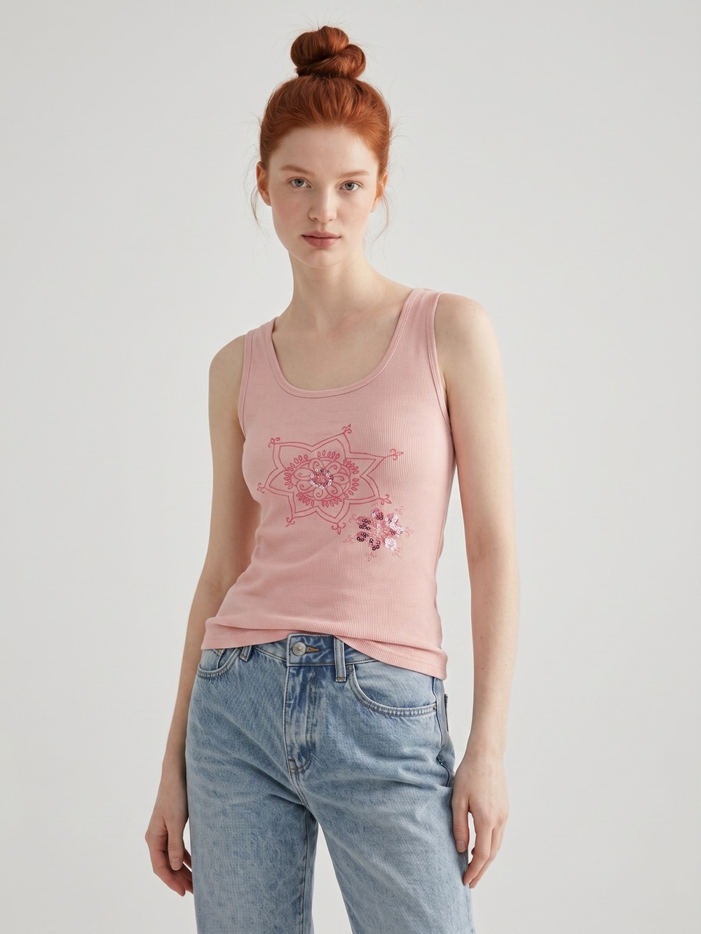 IDI Vintage Y2K Pink Sequins Embroidered Floral Ribbed Tank. Fairy. Whimsical XL